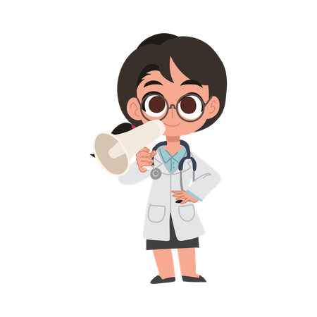 Cute female doctor cartoon with megaphone making announcement in hospital  Illustration