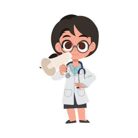 Cute female doctor cartoon with megaphone making announcement in hospital  Illustration