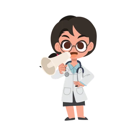 Cute female doctor cartoon with megaphone making announcement in hospital  Illustration