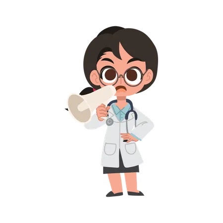 Cute female doctor cartoon with megaphone making announcement in hospital  Illustration