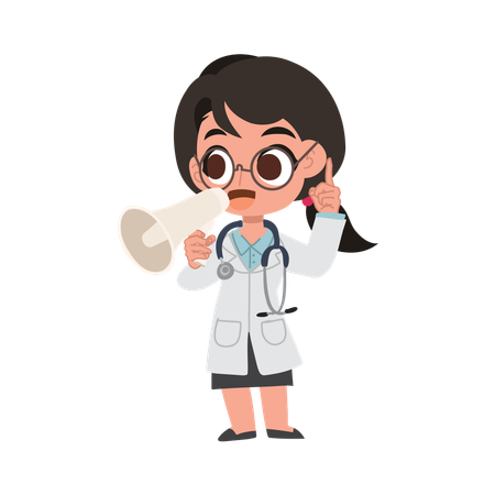 Cute female doctor cartoon with megaphone making announcement in hospital  Illustration