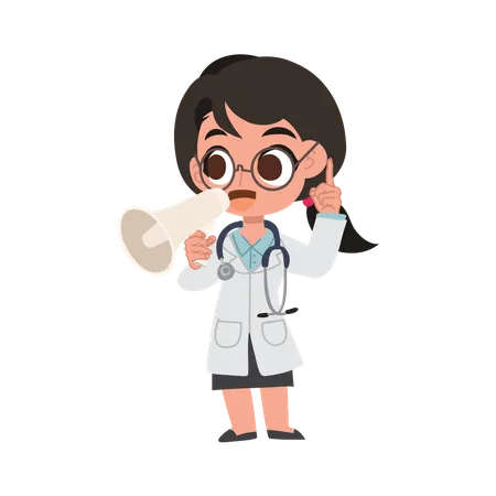 Cute female doctor cartoon with megaphone making announcement in hospital  Illustration