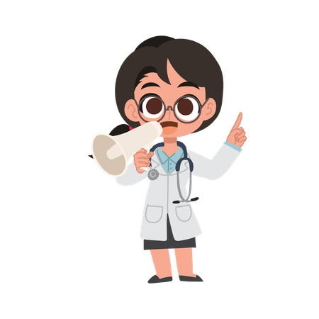 Cute female doctor cartoon with megaphone making announcement in hospital  Illustration