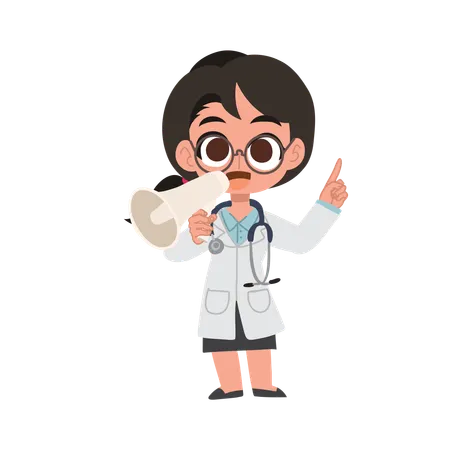 Cute female doctor cartoon with megaphone making announcement in hospital  Illustration