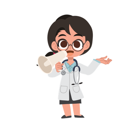 Cute female doctor cartoon with megaphone making announcement in hospital  Illustration