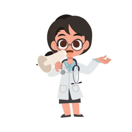 Cute female doctor cartoon with megaphone making announcement in hospital  Illustration