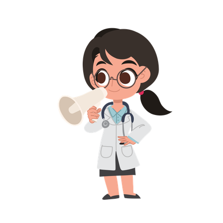 Cute female doctor cartoon with megaphone making announcement in hospital  Illustration