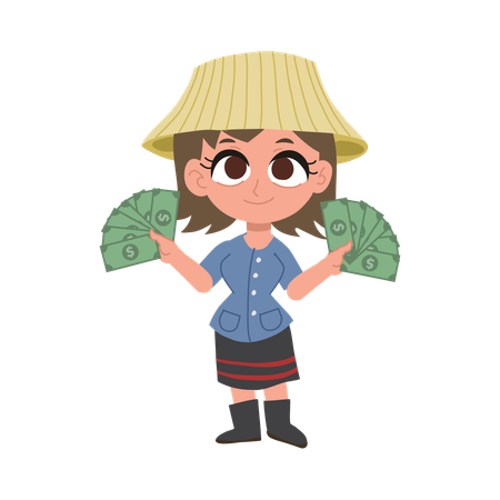 Cute female Thai farmer holding money  Illustration