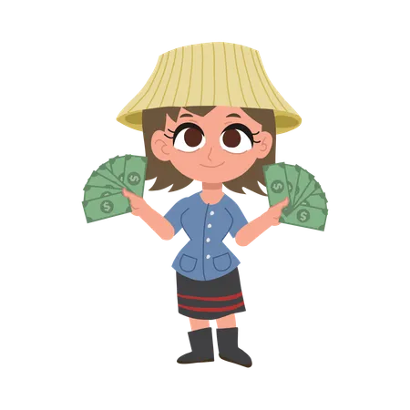 Cute female Thai farmer holding money  Illustration