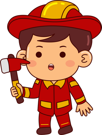 Cute Firefighter Boy Holding Axe  Illustration