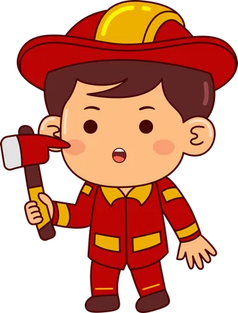 Cute Firefighter Boy Holding Axe  イラスト