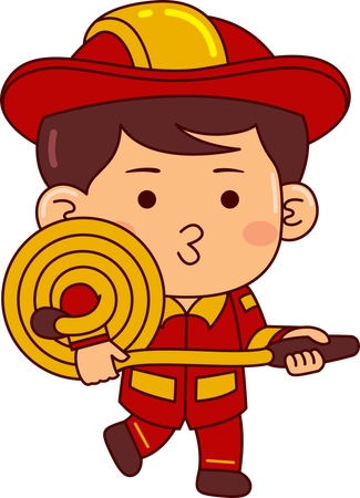 Cute Firefighter Boy Holding Fire Hose  Illustration