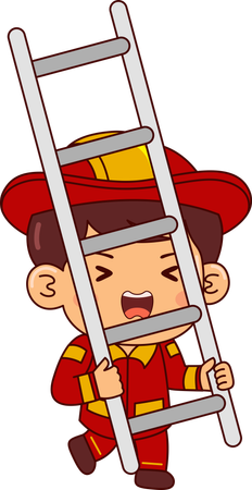 Cute Firefighter Boy Holding Ladder Staircase  Illustration