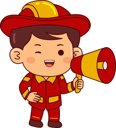 Cute Firefighter Boy Holding Megaphone  Illustration