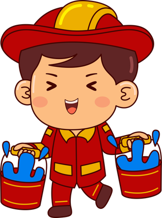 Cute Firefighter Boy Holding Water Buckets  Illustration