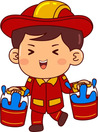 Cute Firefighter Boy Holding Water Buckets  Illustration