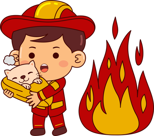 Cute Firefighter Boy Rescue Animal From Fire  Illustration