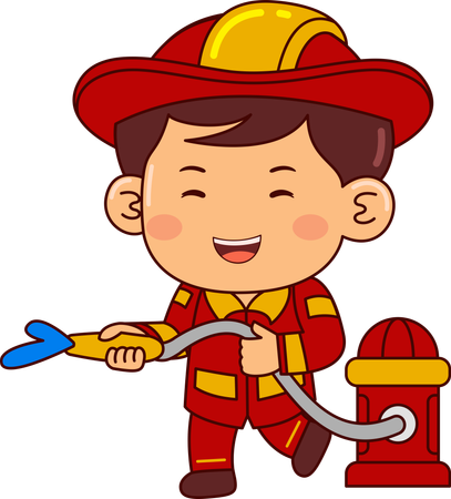 Cute Firefighter Boy With Fire Hose  Illustration