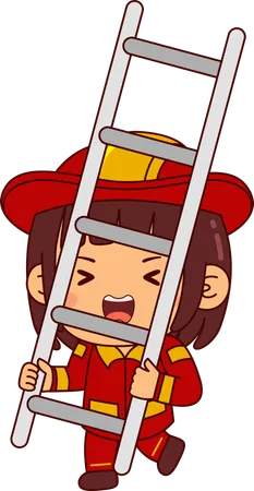 Cute Firefighter Girl Holding Ladder Staircase  イラスト