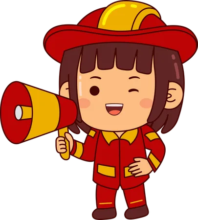 Cute Firefighter Girl Holding Megaphone  Illustration