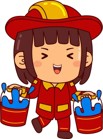 Cute Firefighter Girl Holding Water Buckets  イラスト
