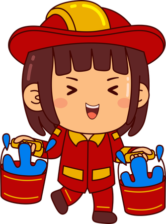 Cute Firefighter Girl Holding Water Buckets  Illustration