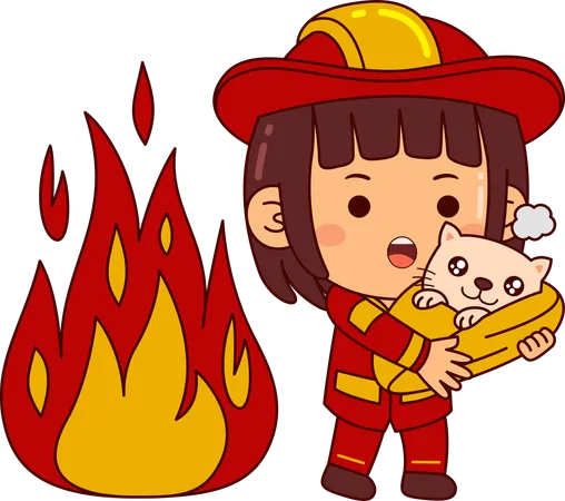 Cute Firefighter Girl Rescue Animal From Fire  Illustration