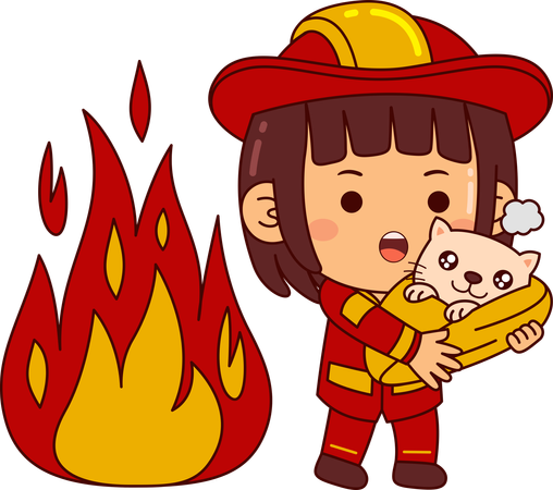 Cute Firefighter Girl Rescue Animal From Fire  Illustration