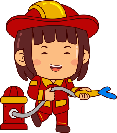 Cute Firefighter Girl With Fire Hose  Illustration