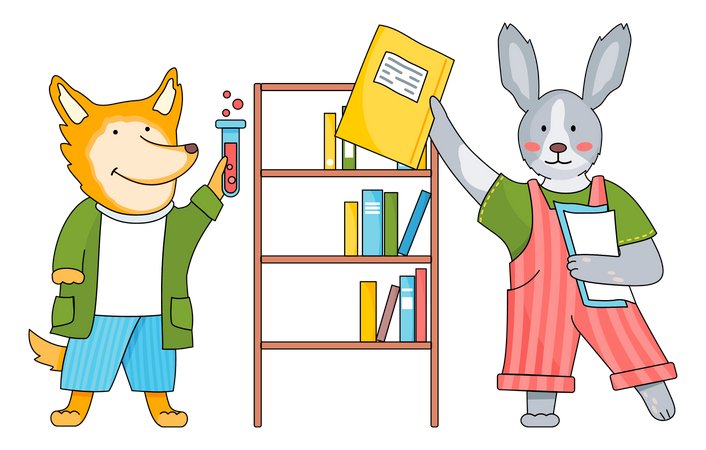 Cute fox hold test tube and bunny with notebook  Illustration