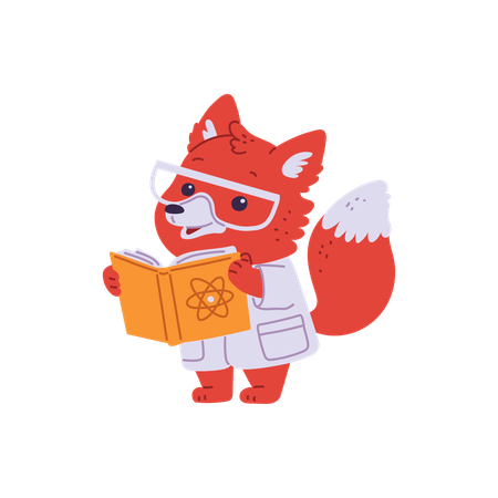 Cute fox scientist with orange chemistry book in his paws  Illustration