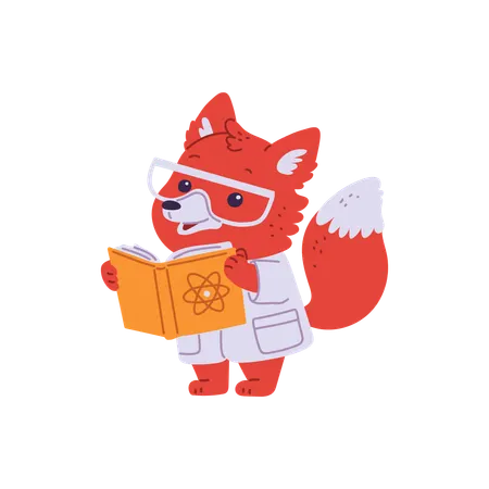 Cute fox scientist with orange chemistry book in his paws  Illustration