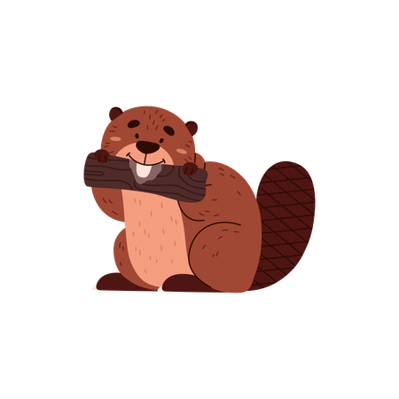 Cute funny beaver gnawing piece of wood  Illustration