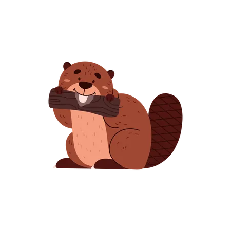 Cute funny beaver gnawing piece of wood  Illustration