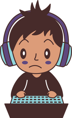 Cute Gamer Boy Wearing Headset Playing Game with Laptop with Sad Expression  Illustration