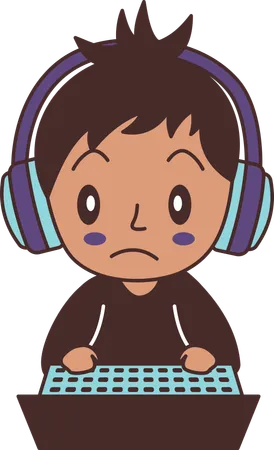 Cute Gamer Boy Wearing Headset Playing Game with Laptop with Sad Expression  Illustration