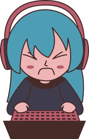 Cute Gamer Girl Wearing Headset Playing Game with Laptop with Angry Expression  Illustration