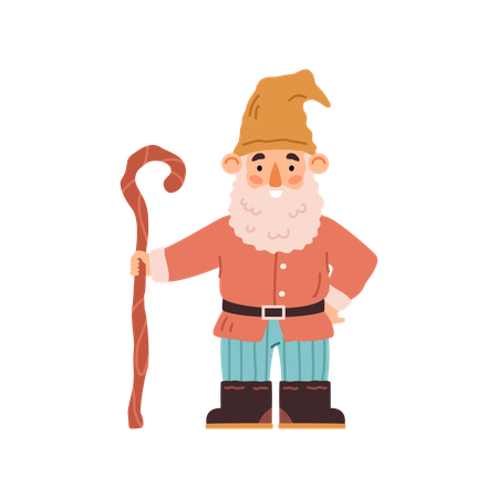 Cute garden gnome in hat with beard and crook handle cane or walking stick  Illustration