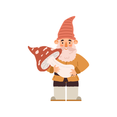 Cute garden gnome with beard and mustache holding mushroom  Illustration