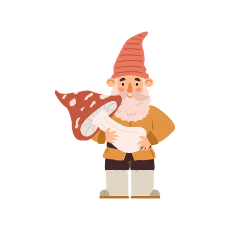 Cute garden gnome with beard and mustache holding mushroom  Illustration