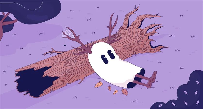 Cute Ghost In Melancholy Autumn Forest Lofi Wallpaper Friendly Spirit With Deer Antlers 2 D Character Cartoon Flat Illustration Fallen Tree Trunk Chill Vector Art Lo Fi Aesthetic Colorful Background Illustration