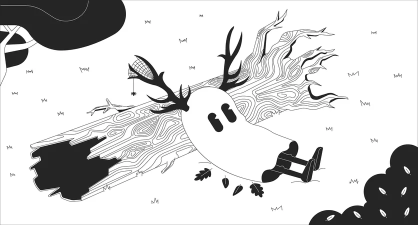 Cute Ghost In Melancholy Autumn Forest Black And White Lofi Wallpaper Spirit With Deer Antlers 2 D Outline Character Cartoon Flat Illustration Fallen Tree Trunk Vector Line Lo Fi Aesthetic Background Illustration
