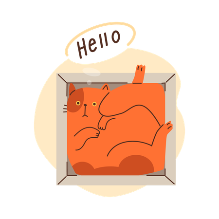 Cute ginger cat lies inside in gift box and say Hello  Illustration