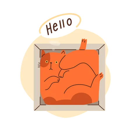 Cute ginger cat lies inside in gift box and say Hello  Illustration