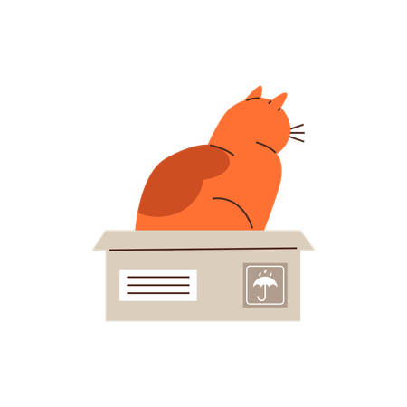 Cute ginger cat playing and sitting in cardboard box  Illustration