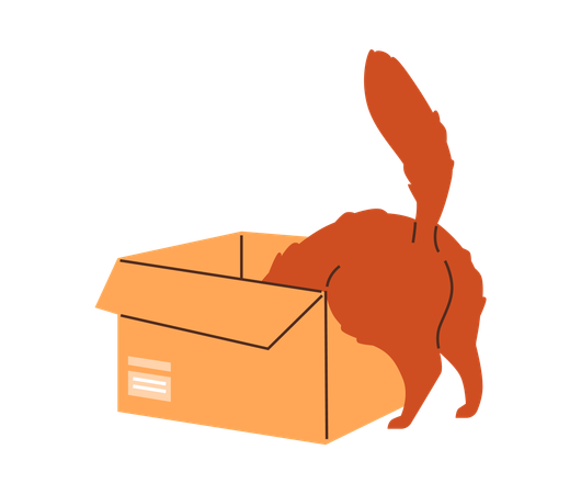 Cute ginger cat plays, climbs inside the cardboard box  Illustration