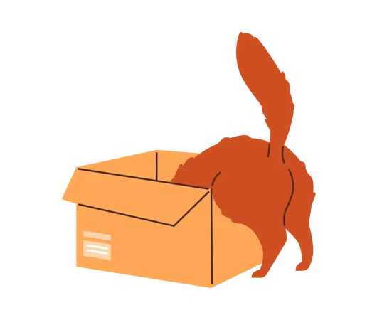 Cute ginger cat plays, climbs inside the cardboard box  Illustration