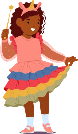 Cute Girl Character Adorned In A Pink And Rainbow Unicorn Dress A Wand In Hand She Enchants With A Magical Allure Embodying Whimsical Grace And Childhood Wonder Cartoon People Vector Illustration 일러스트레이션