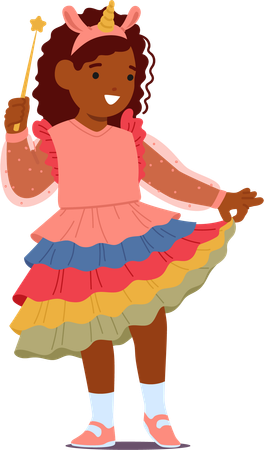 Cute Girl Adorned In Pink And Rainbow Unicorn Dress while holding wand  Illustration