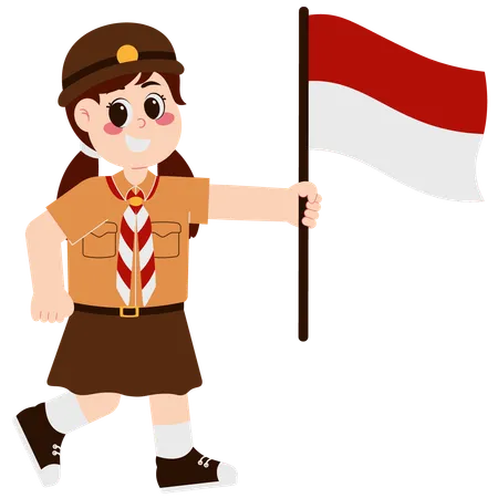 Cute Girl Carrying Indonesian Flag  イラスト